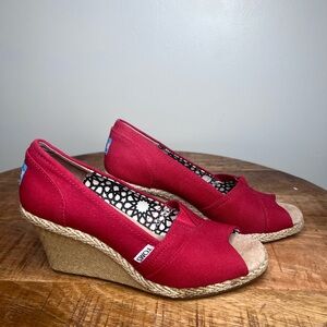 TOMS Red Canvas Wedge Peep-Toe Espadrille Slip-On